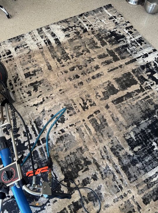 Black-and-white abstract area rug dulled to beige by soil, with Mark's cleaning machine beside it