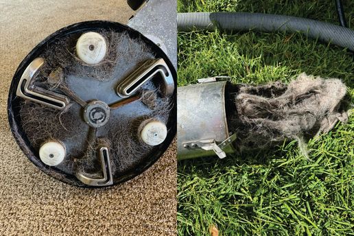 Rotovac wand filter and vacuum hose clogged with hair and debris pulled out of a customer's carpet
